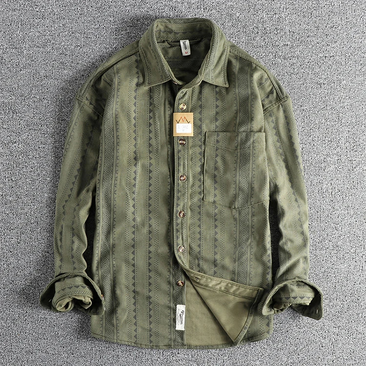 Lente Nieuwe Amerikaanse Retro Lange Mouw Revers Navajo Totem Bedrukt Shirt Herenmode 100% Katoen Gewassen Casual Blouses Dunne Jas
