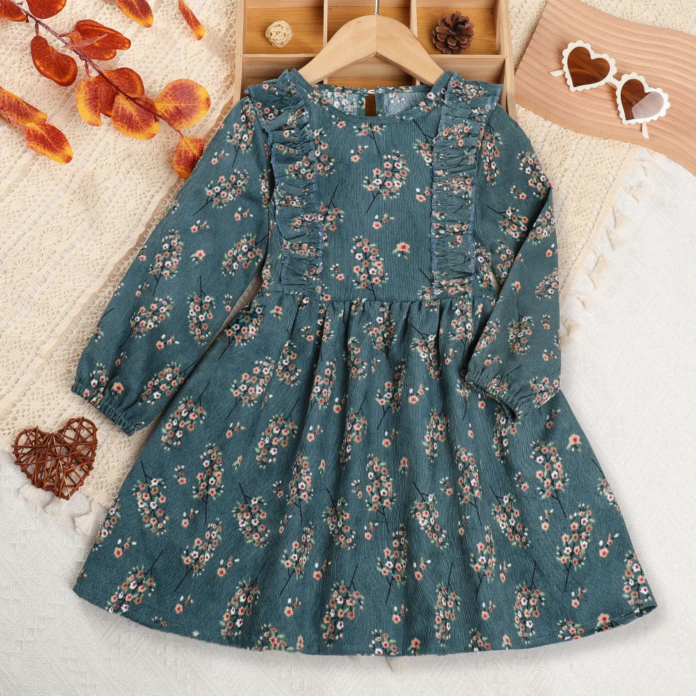 New Autumn Kids Dress 3-7T Girls Sweet Printing Floral Clothes Children Long Sleeved Thin Style Princess Dress