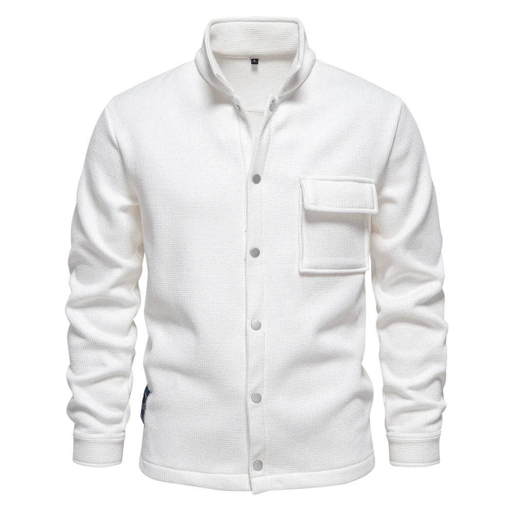 Herrenjacke mit Waffel-Fleece-Futter, dick, warm, mit Tasche, Knopfleiste, Stehkragen, Oberbekleidung, Winterjacken, Mäntel für Herren