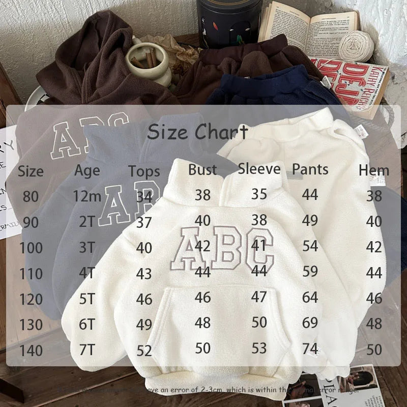 Winter Kids Clothing 2PCS Set Fur Lining Boys Girls Hoodie Set Hooded Sweat Shirt And Pants Track Suit 12M-7T Unisex