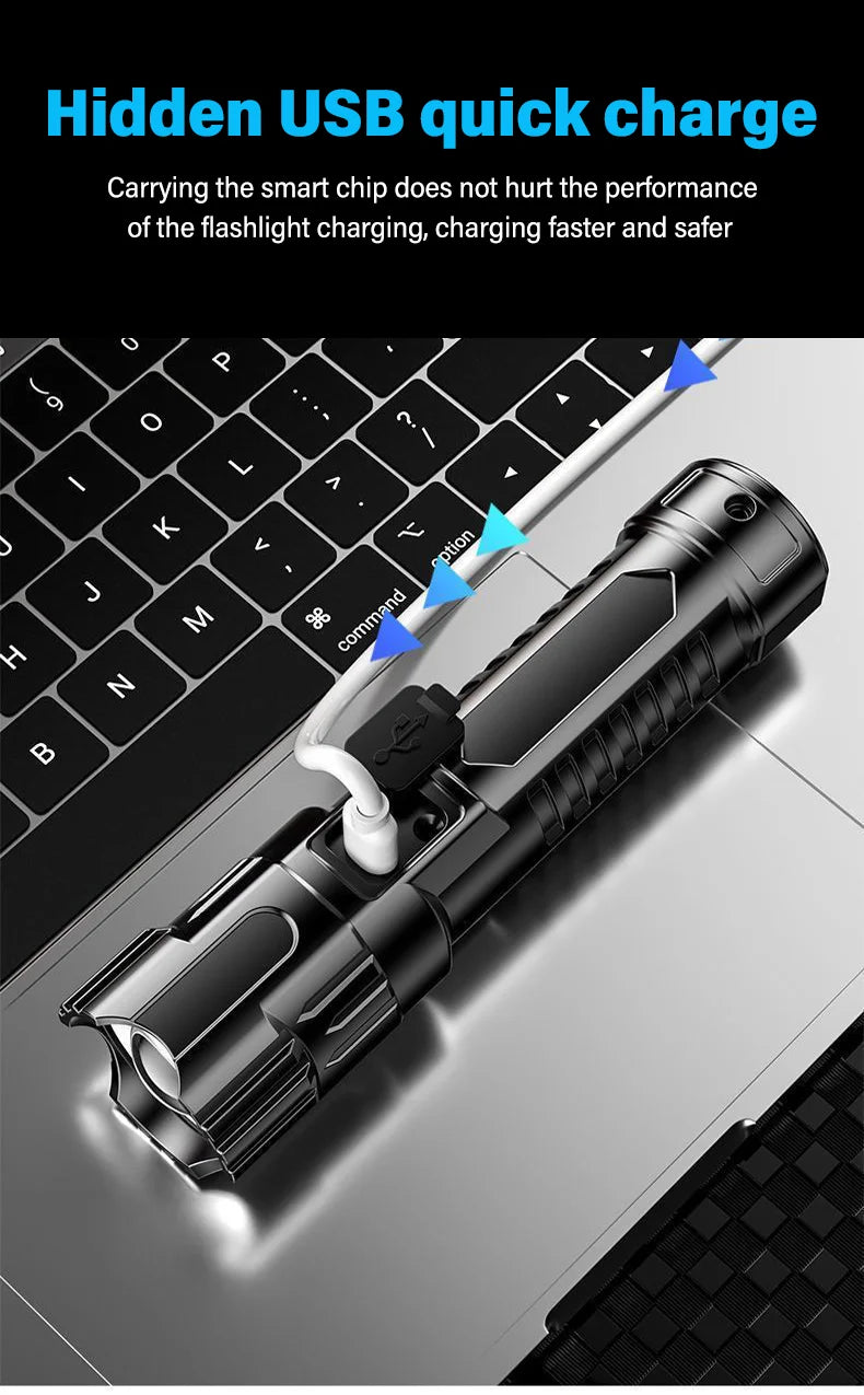 Super Bright Zoom Flash Flashlight,3 Lighting Modes,Rechargeable Portable LED Torch,Ideal for Outdoor,Camping,Fishing,Emergency