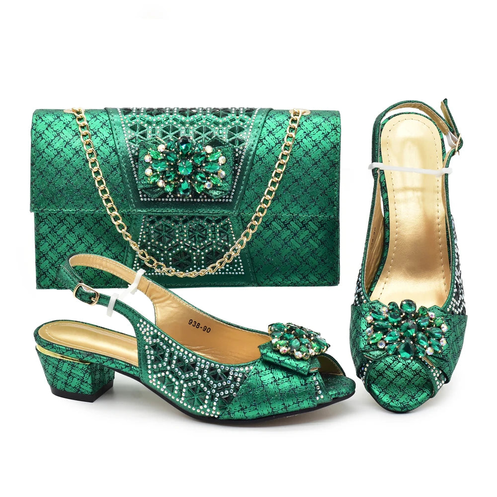 Matching Nigerian Party Shoes and Bags for Ladies Elegant Heeled Shoes for Women Rhinestone African Bag and Shoe Set
