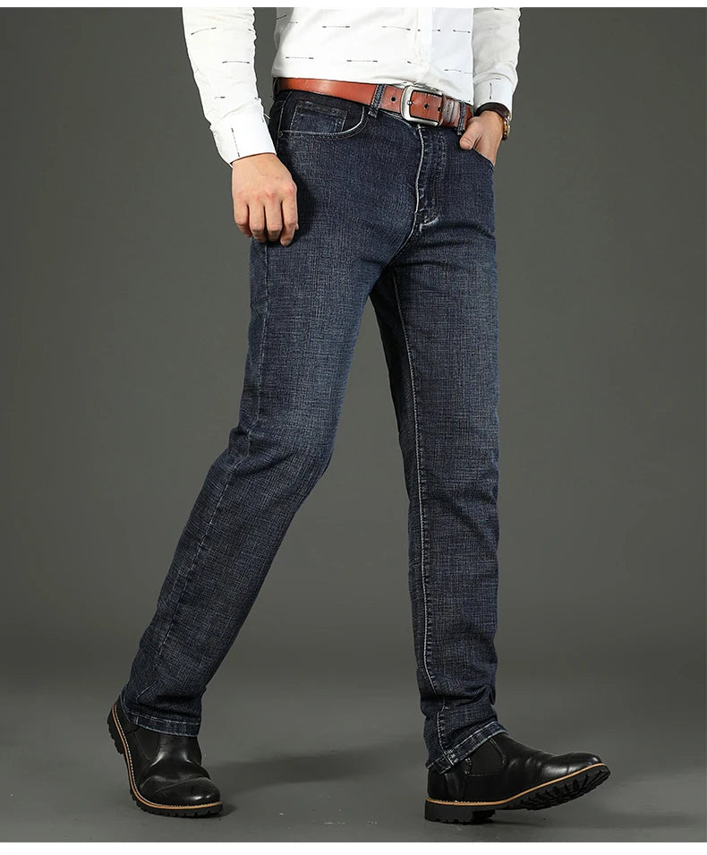 New Business Men's Jeans Casual Straight Stretch Fashion Classic Blue Black Work Denim Trousers Male Brand Clothing