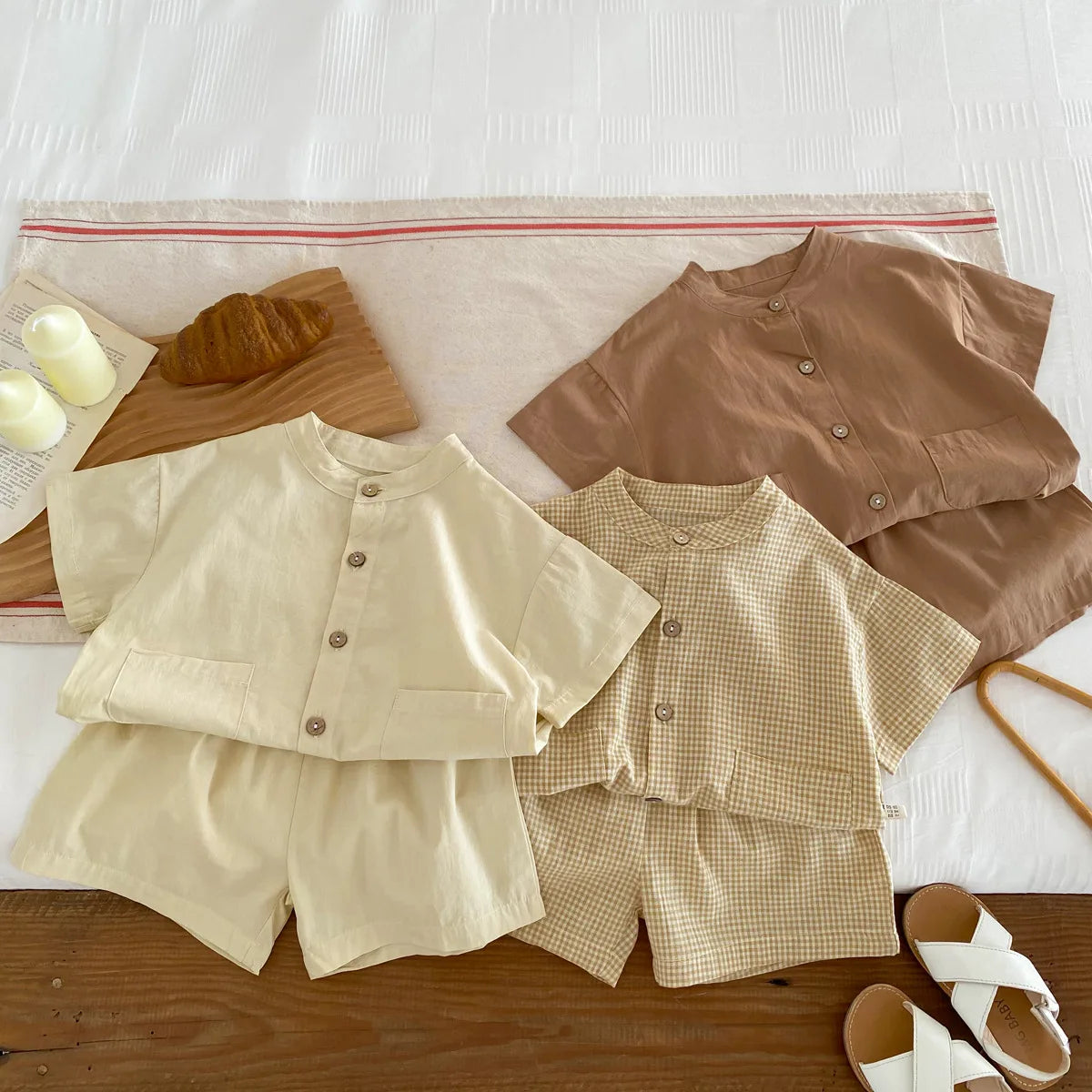 Summer Thin Short Sleeve T-shirt and Shorts Set Small Stand Collar Cool Toddler Boys Baby Girls 2PCS Casual Beach Suits 1-5Y Unisex