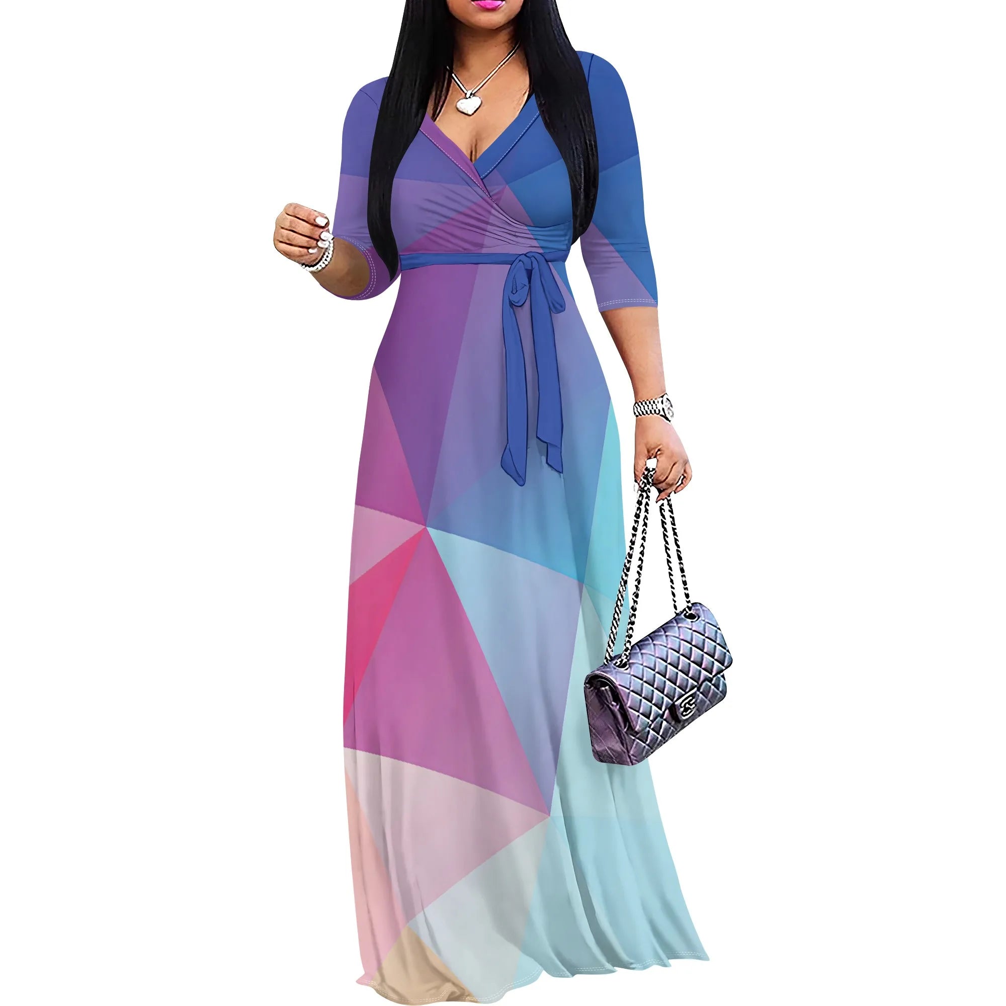 Women's Floral Print Maxi Party Dresses Summer 2025 with Pockets Casual 3 4 Sleeve V-Neck Wrap Tie Waist Long Dress