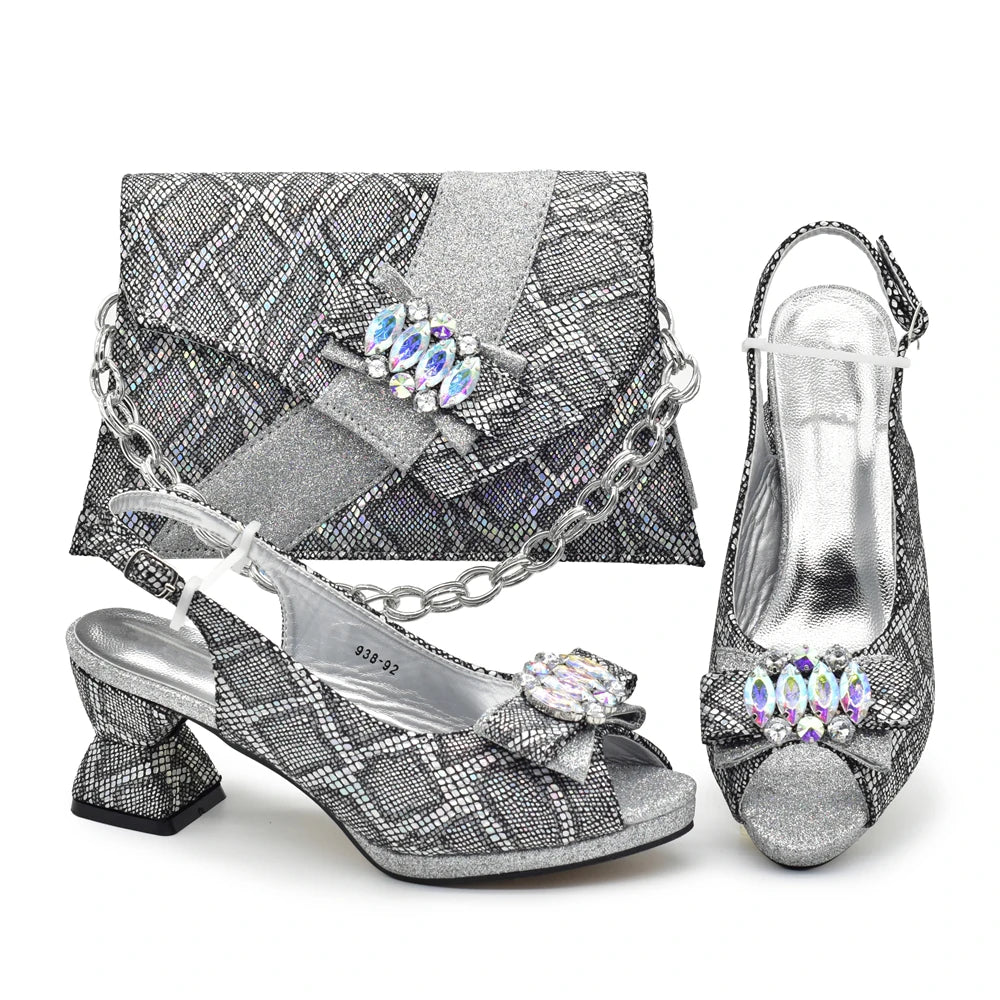 Women's Elegant Medium Heeled African Ladies Shoes and Bags Decorated with Rhinestone for Ladies' Luxury Pumps
