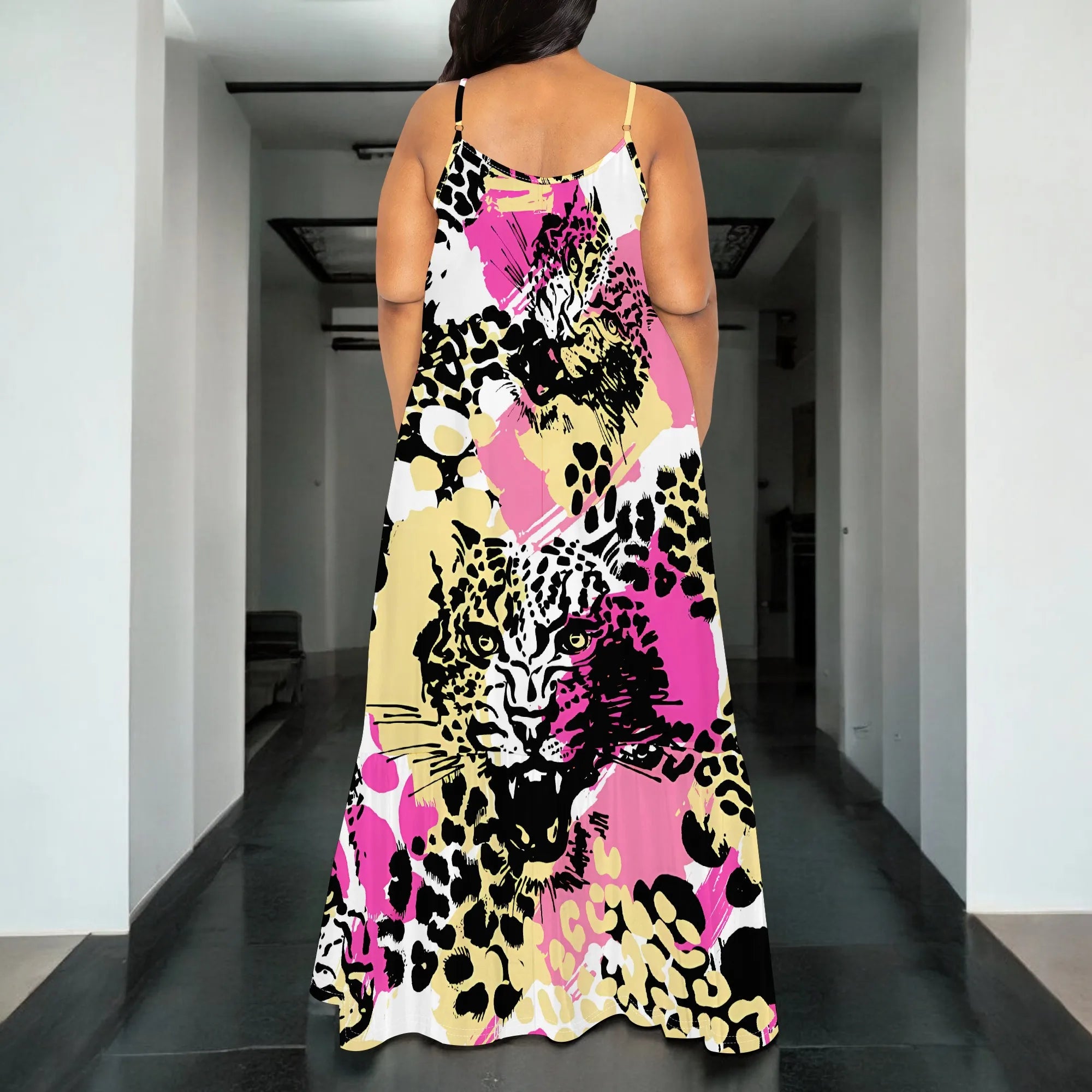 Leopard Print Sleeveless Maxi Dress Women Bold Animal Pattern Spaghetti Strap Casual Summer Dress