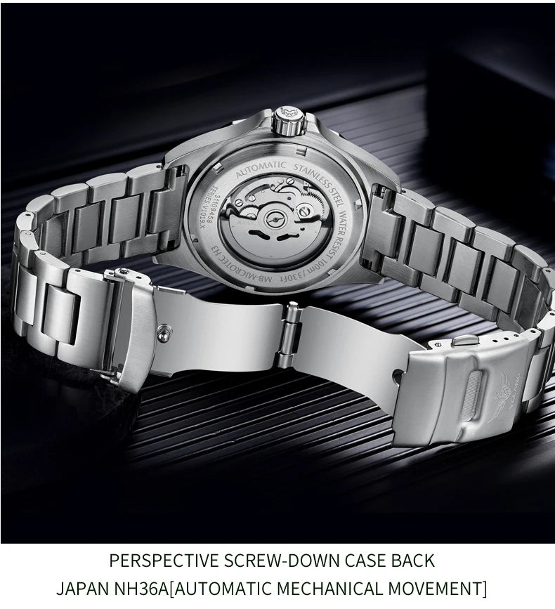 Yelang V1019 44MM Men's Mechanical Automatic Watch NH36 Movement 300M Waterproof Sapphire Lens 10BAR Deep Diving Stainless Steel Watch