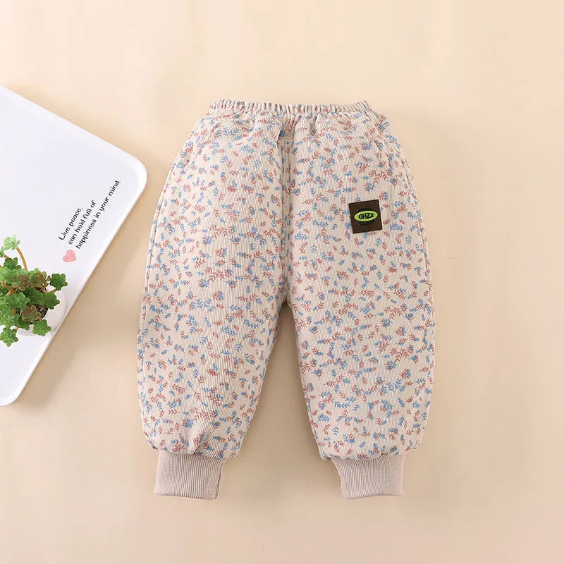 2024 New Children's Pants Girls Wheat Ear Printed Thick Trousers Winter Fur Lining Boys Warm Casual Pants 0-5Y Unisex