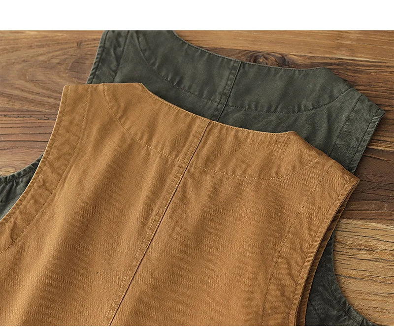 2024 Autumn New American Retro 12OZ Denim Cargo Vest Men's Simple 100% Cotton Washed Old Casual Multi-pocket Waistcoat Jacket