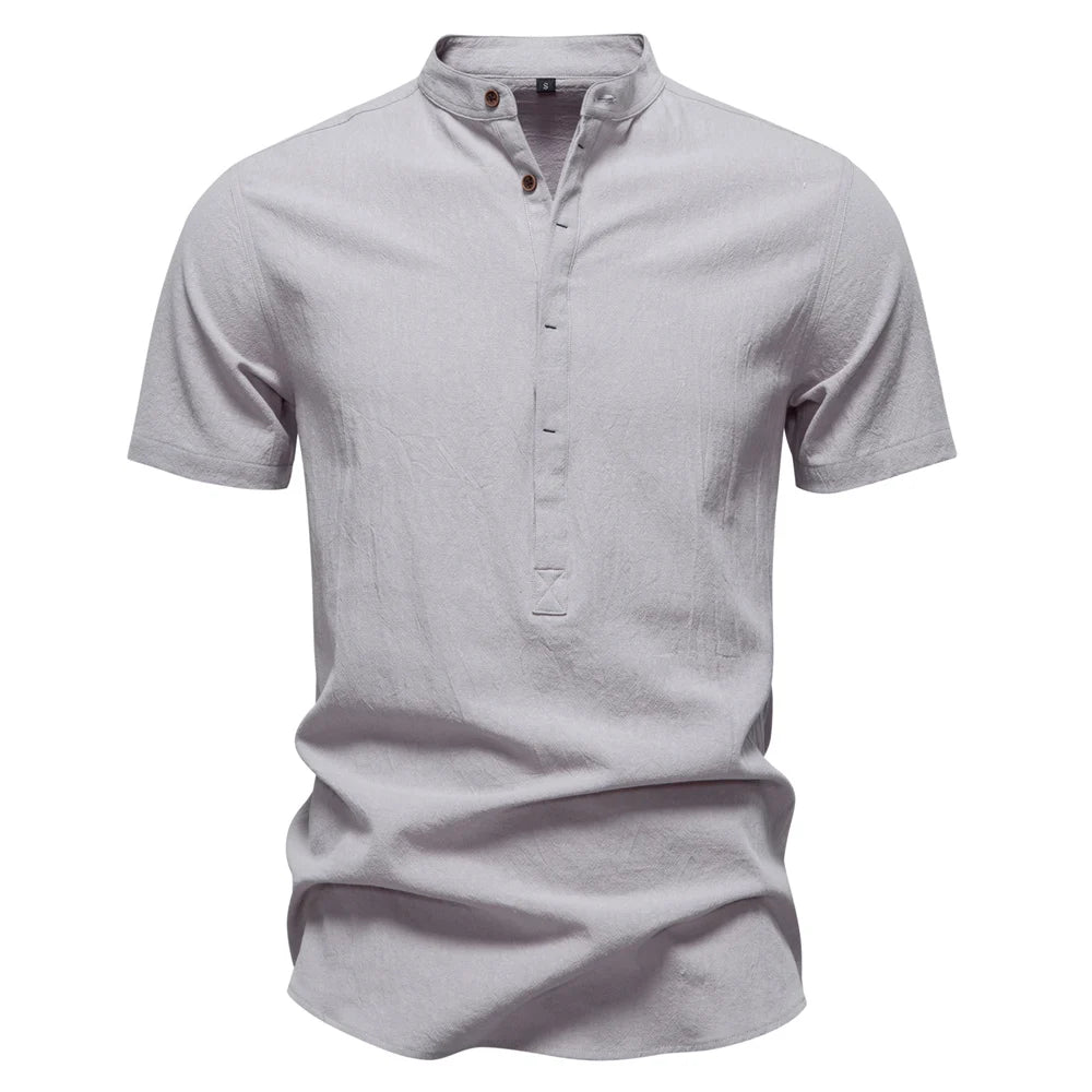 Men's Short Sleeve Solid Colour Linen Shirt Turn Down Collar Casual Summer Breathable Comfort Shirts for Men‌