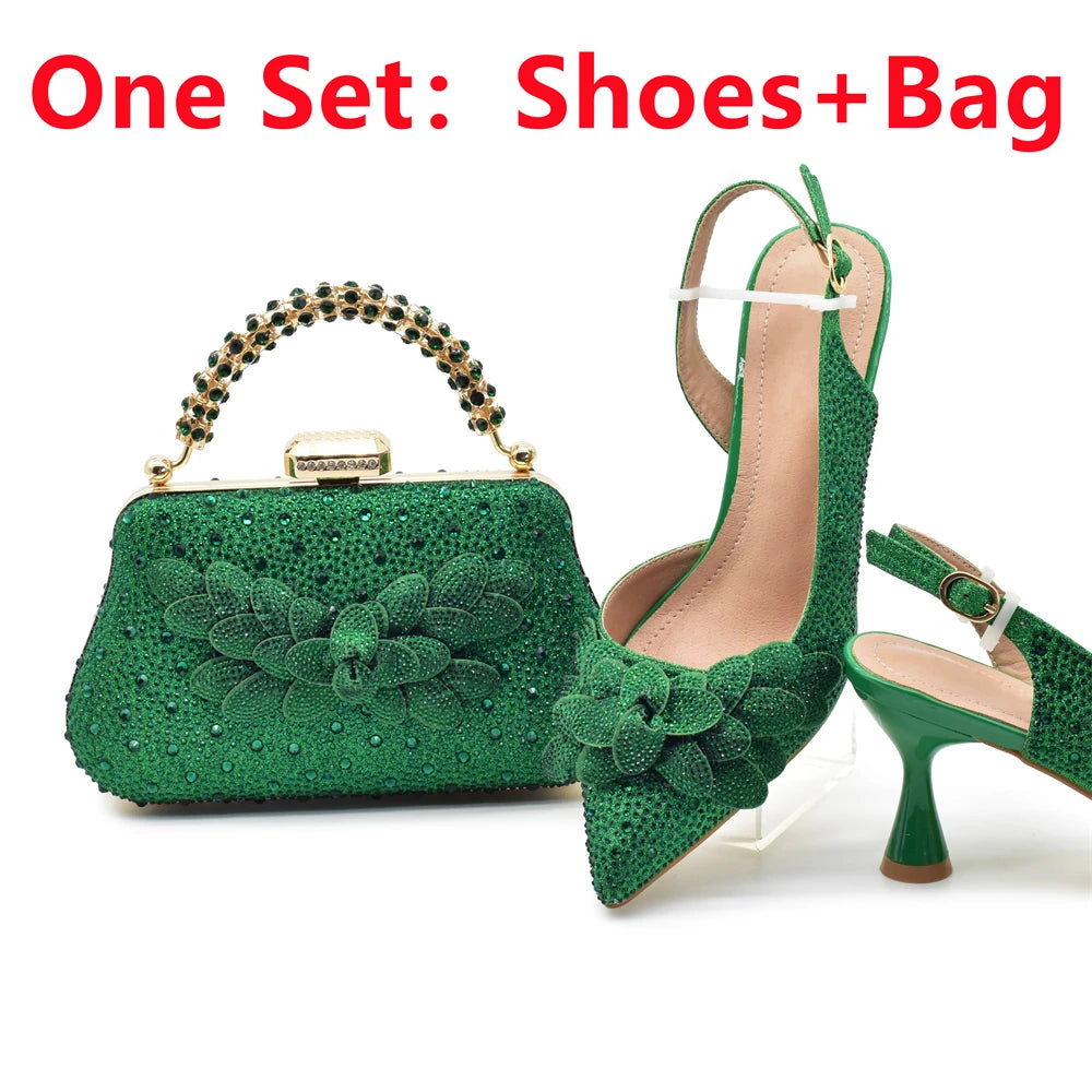 Women High Heel Pointed-Toe Italian Shoes and Bags Matching Set for Ladies Decorated With Rhinestone and Paired with Handmade Petal