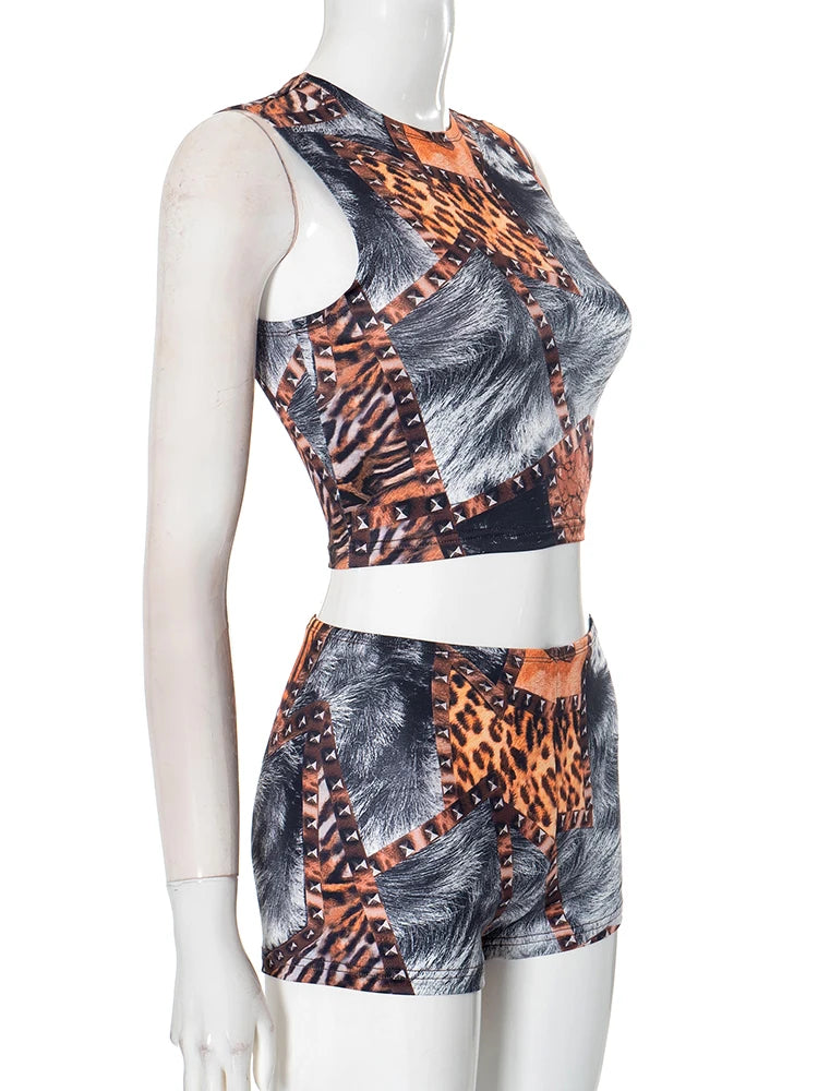 Colourful Print 2 Piece Set Women Casual O-Neck Tank Tops + Skinny Shorts Matching Hottie Sexy Sporty Activity Tracksuit
