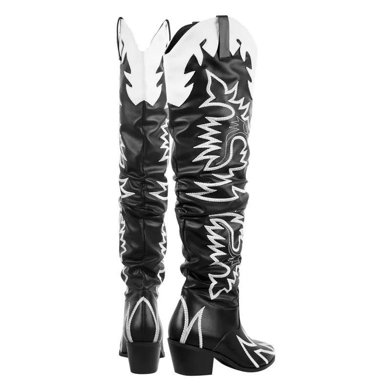 Woman Knee High Boots Western Cowboy Boots Wide Calf Embroidered Women Pointed Toe Block Heel Pull-On Cowgirl Boots