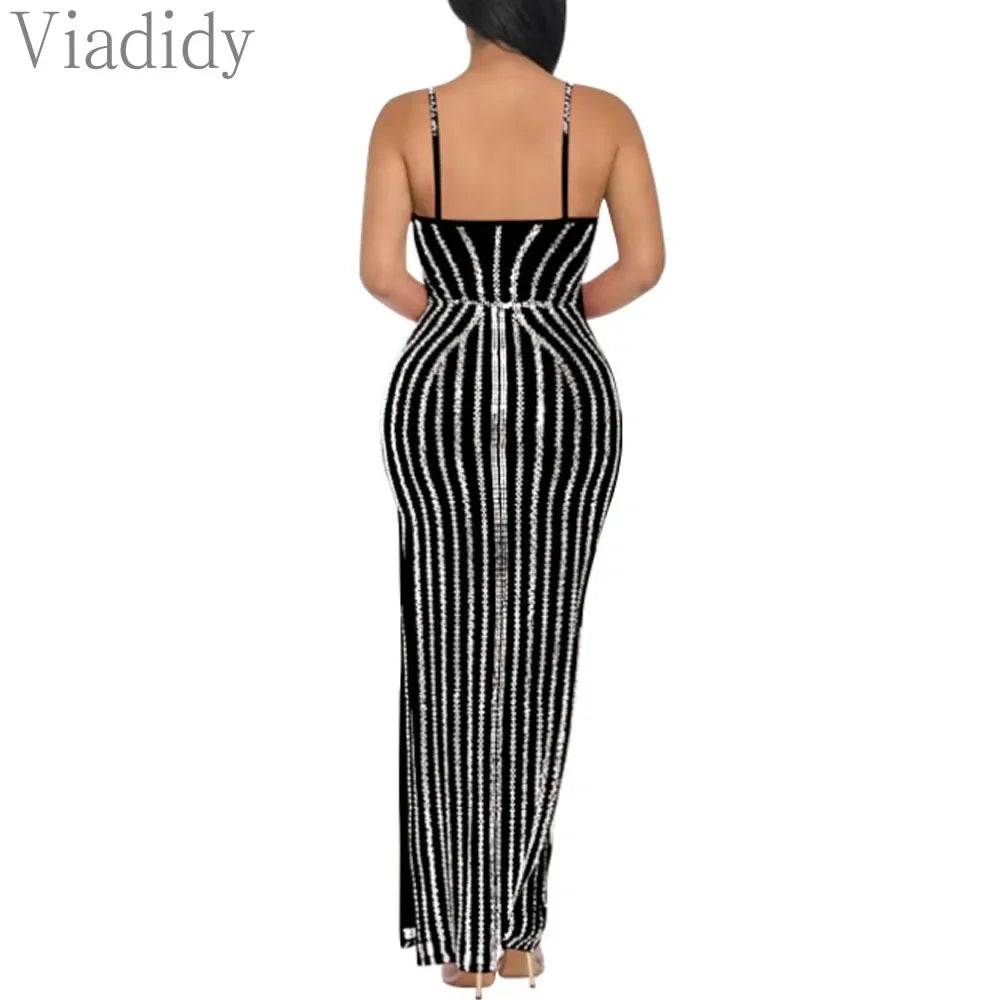 Women's Sexy Solid Color Spaghetti Strap Rhinestone Decor Deep V Neck Party Dress