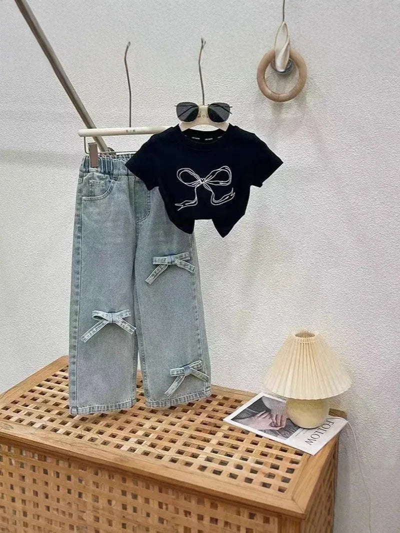 2PCS Children's Summer Clothes Set Girls Bow Colour Blocked Top + Solid Colour Straight Leg Jeans Outfit For Kids 4-6Y