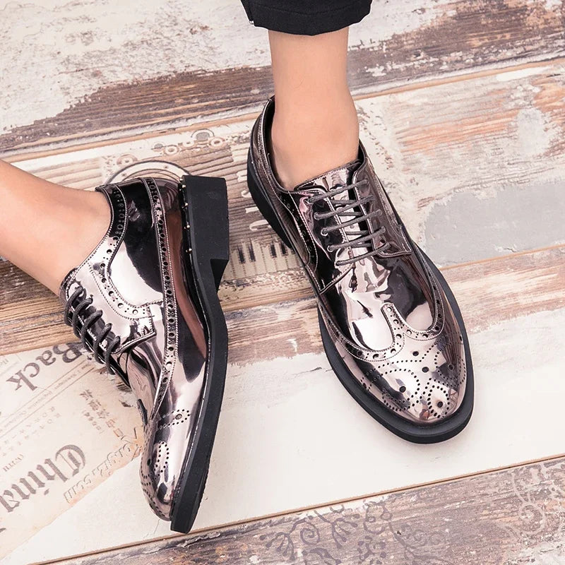 Fashionable Mens Silver Brogue Shoes New Cool Male Formal Evening Shoes Large Size 38-46 Wedding Dress Shoes for Men