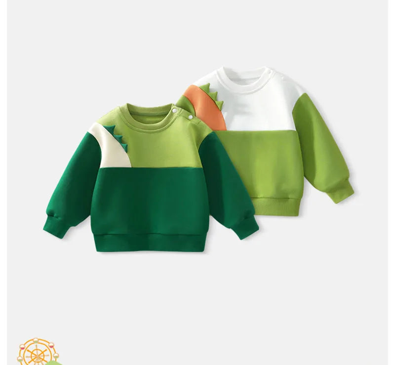 New Spring Kids Green Hoodie Children Cartoon Dinosaur Sweatshirt Girls Tops Boys Colour Block Outwear 12M-6T Unisex