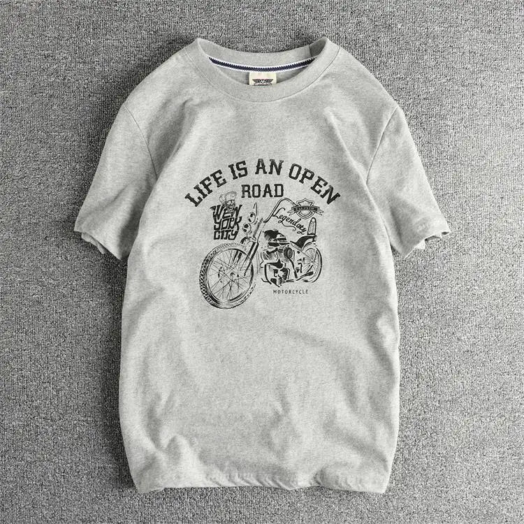 2025 Summer American Retro Short Sleeve O-neck Skeleton Motorcycle Printed T-shirt Men's Fashion 100% Cotton Washed Casual Tops