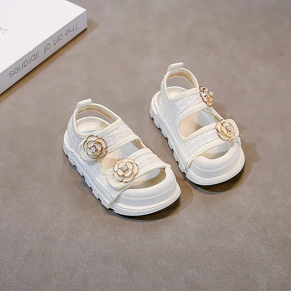 Koreaanse zomersandalen voor meisjes, luxe parelbloem kinderstrandschoenen, ergonomische sandalen met zachte zool voor meisjes