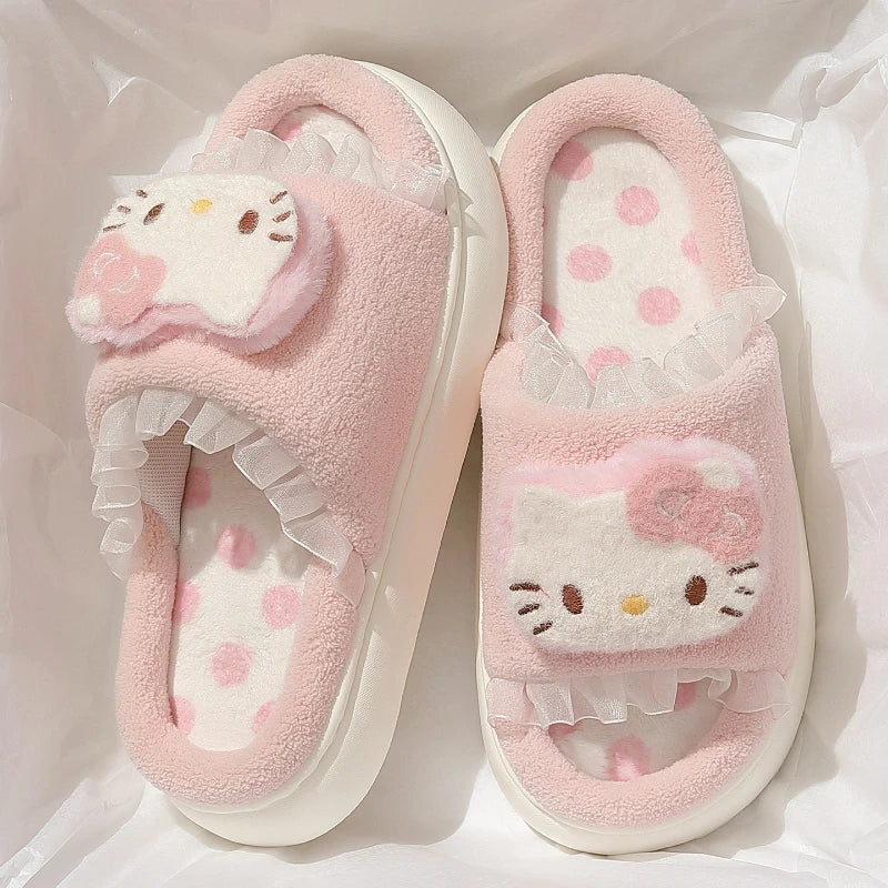 Kids' Slippers House Shoes Cartoon Hello Kitty Open Toe Winter Shoes Warm Anti-Slip Shoes For Girls Size 36-41