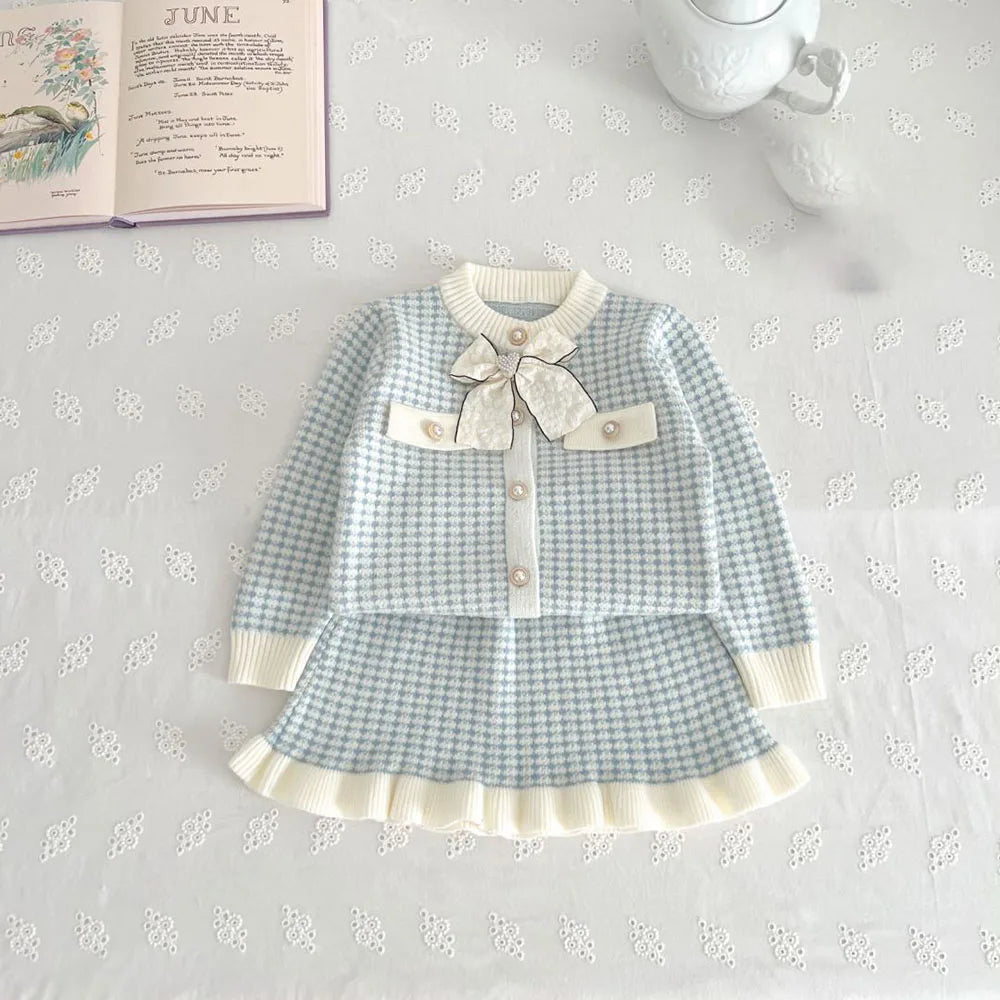 Spring Autumn Children's Clothing Set Girls Plaid Knitted Sweater and Skirt 2PCS Trendy Bow Cardigan Outfit 1-5Y Girls