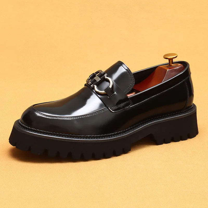 Cow Leather British Loafers Men Glossy Leather Business Casual Heightening Shoes - Non-Slip Tire Soles Dress and Round Toe Shoes
