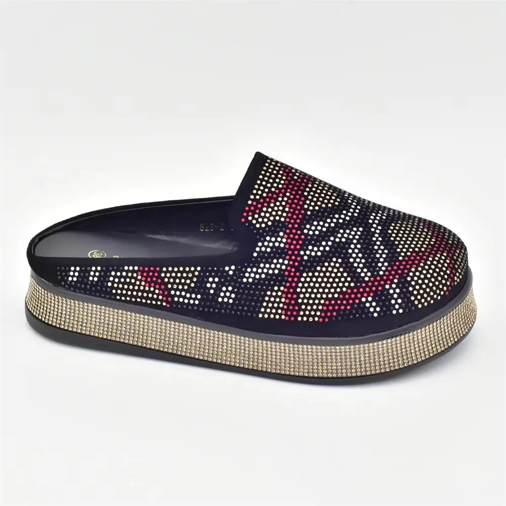 Bling Crystal Women Closed Toe Mules Half Close Slippers Thick Sole Light Weight Comfy Walking Shoes