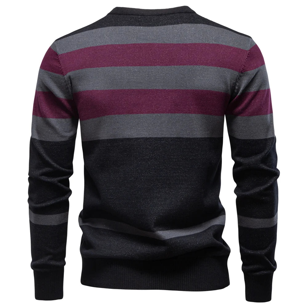 Men's Contrast Colour Sweater Striped Crewneck Pullover Warm Knitted Cotton Blend Luxury Winter Male Sweater
