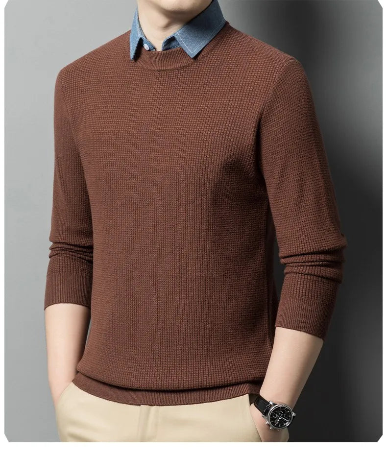 Men's Top Grade Fake Two Collared Fashion, Designer Knitted Pullover Sweater, Casual Brand Slim Fit Male Jumpers