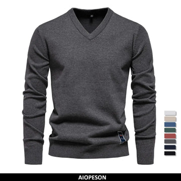Men's V-neck Solid Cotton Pullover Sweaters Long Sleeve Casual Social Knitted Sweaters for Men