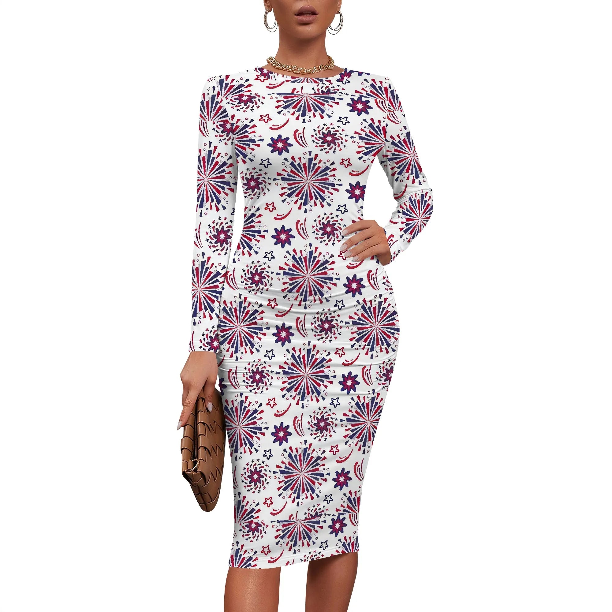 Women's 2025 Summer Dress Ruched Long Sleeve Crew Neck Midi Dress Elegant Bodycon Basic Casual Dresses