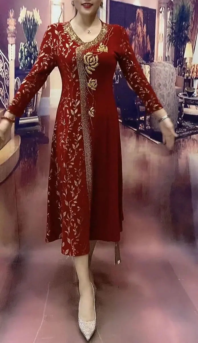 Elegante V-halsjurken met print voor woon-werkverkeer Lente Herfst Nieuwe A-lijn Dameskleding Lange mouwen Stijlvolle bloemenruiten Lange jurk