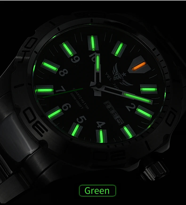 YELANG V1036 42mm Men's Quartz Watch Luminous Display Japan Movement 30ATM Waterproof Stainless Steel Band with Luminous Hands