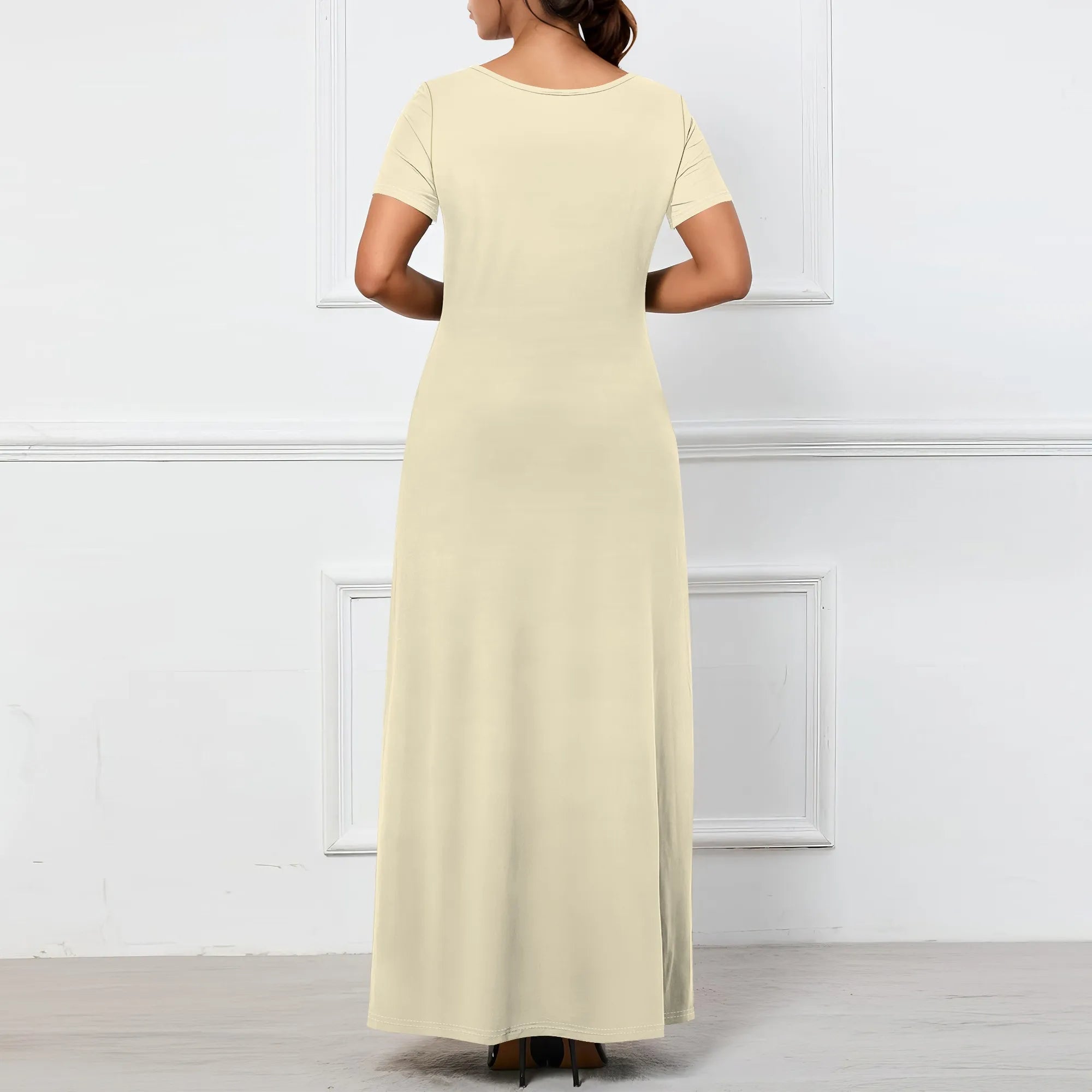 Women's Casual Short Sleeve Sexy V Neck Solid Color T Shirt Maxi Dress Summer Beach Swing Sundresses with Pockets