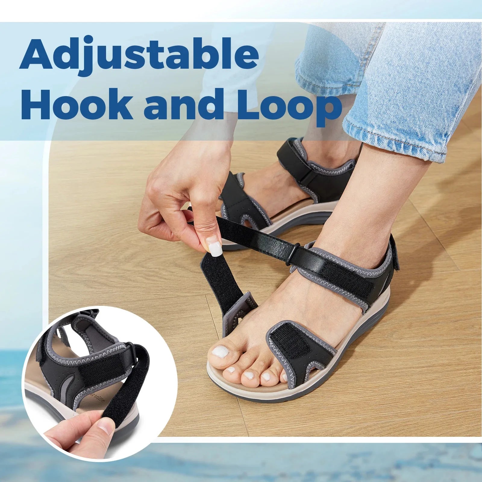 Women's Sandals Summer Beach Flats Adjustable Ankle Strap For Swollen And Flat Feet With Arch Support Open Toe Orthotic