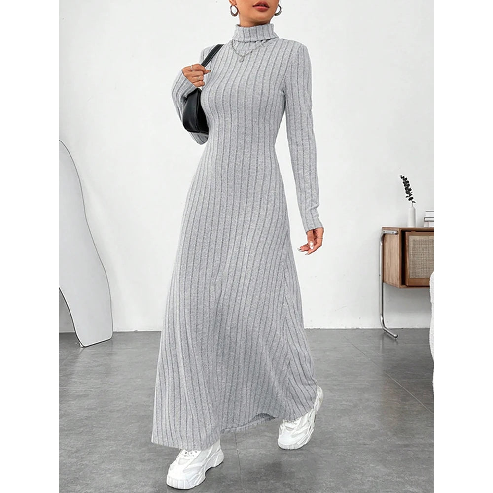 Women's Dresses Autumn Winter Decent Simple Solid Colour Long Sleeve High-Neck Maxi Wrap Casual Dresses