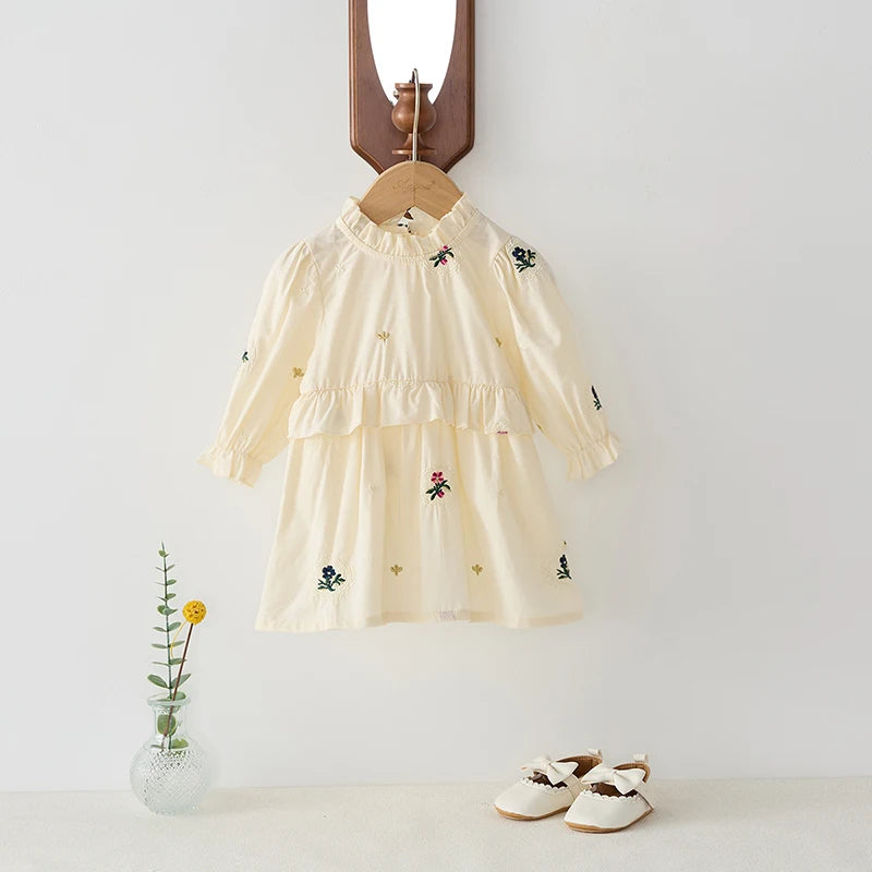 Spring Girls' Long Sleeve Dress 0-6Y Flower Embroidery Ruffled Collar Baby Children's Princess Dress Retro Style Kid's Clothing