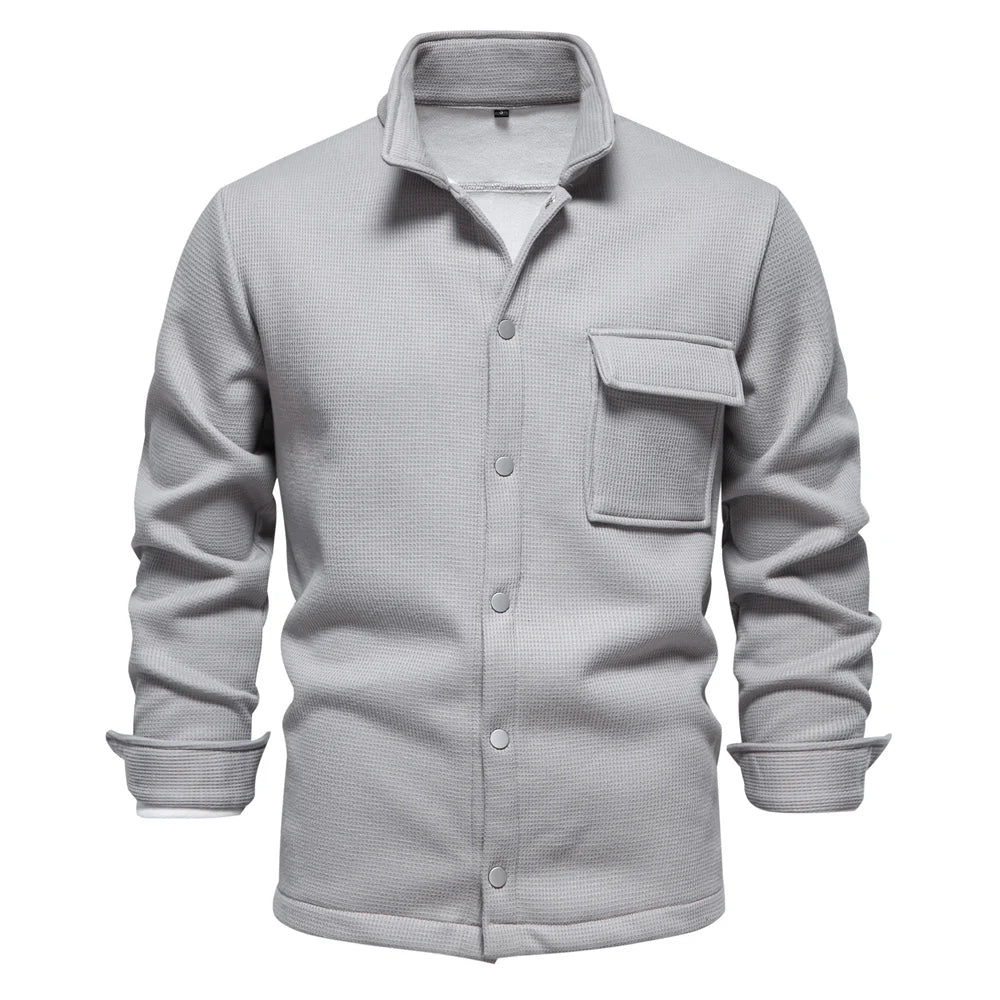 Herrenjacke mit Waffel-Fleece-Futter, dick, warm, mit Tasche, Knopfleiste, Stehkragen, Oberbekleidung, Winterjacken, Mäntel für Herren