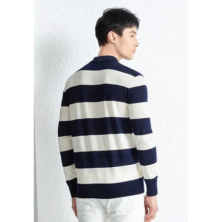 Men's Autumn & Winter 48-Count Worsted Basolan Wool Striped American T-Shirt with Polo Collar – Machine Washable & Loose-Knit