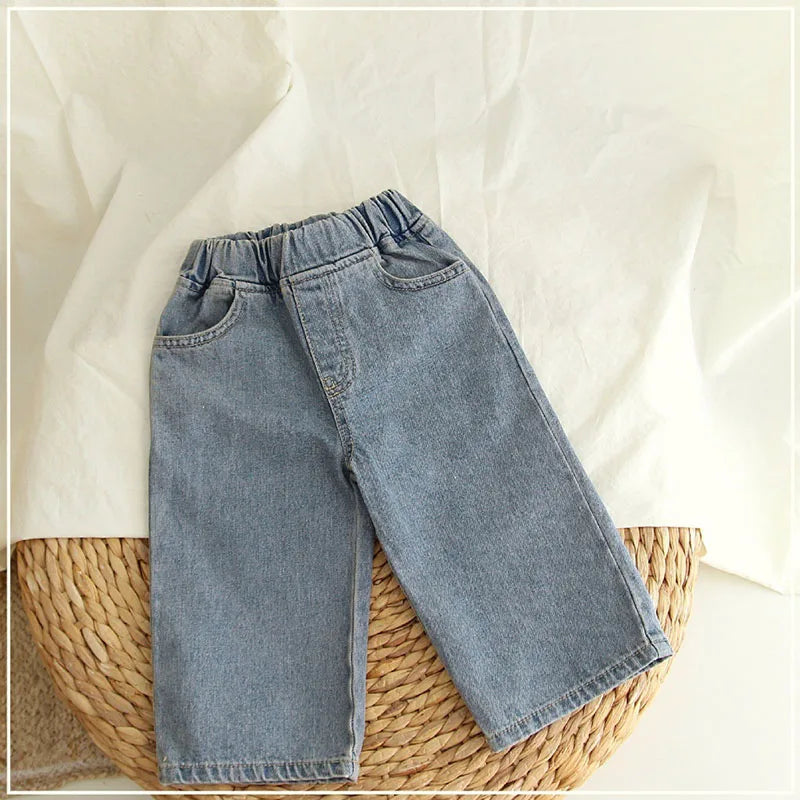 New Autumn Girls Boys Solid Colour Fashion Trousers Kids Pants Children Loose Wide Leg Jeans 1-6Y Unisex