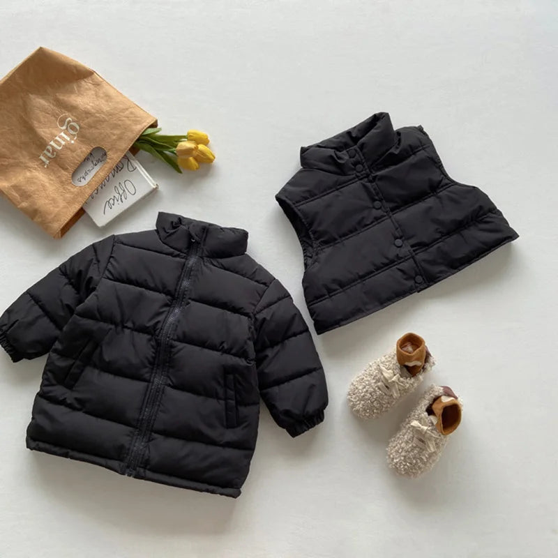 Winter Kids Parkas Thicken Vest And Parkas 2 Pcs Boys Long Parka Cotton Lining Girls Jacket 4-6Y Unisex