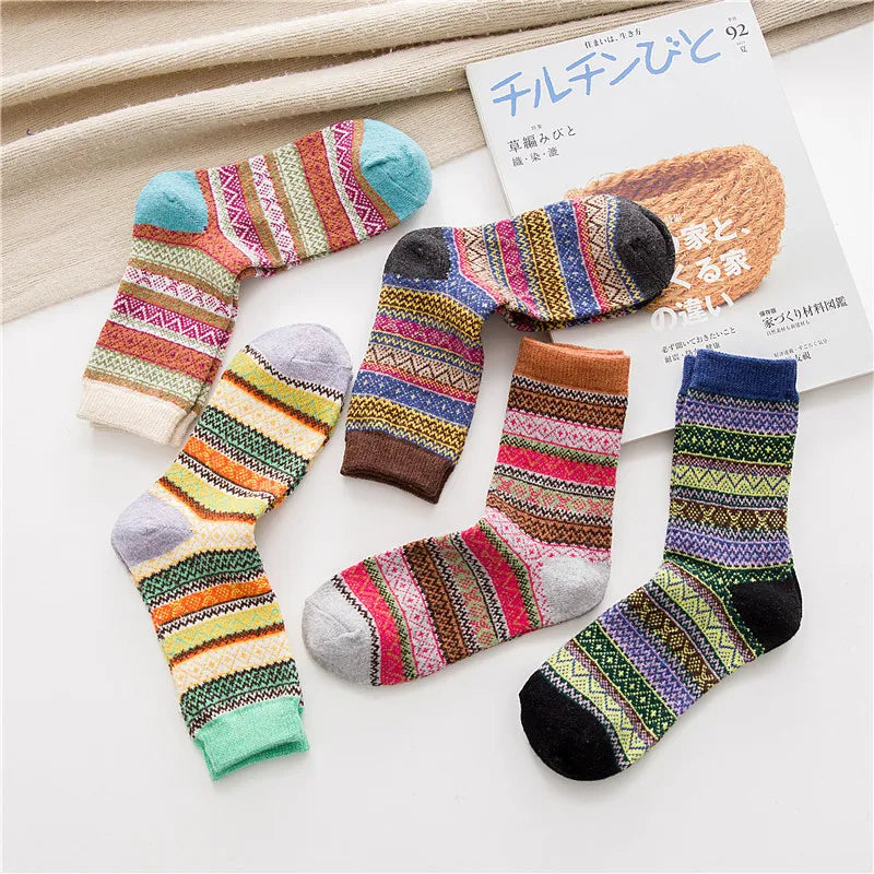5 Pairs Winter New Warm Thicken National Wind Women's Wool Medium Tube Female Socks