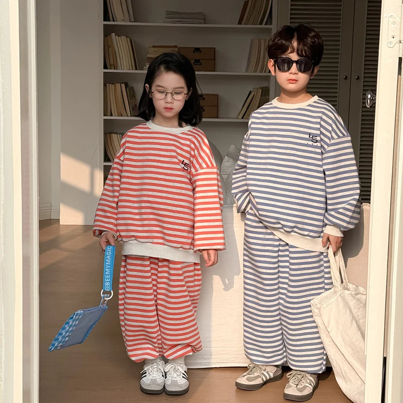 Spring Children's Clothes Boys' Tracksuit Kid's O-Neck Hoodie Set Girls' Korea Striped Letter Printed Sweatshirt 2Pcs Suit 4-6Y Unisex