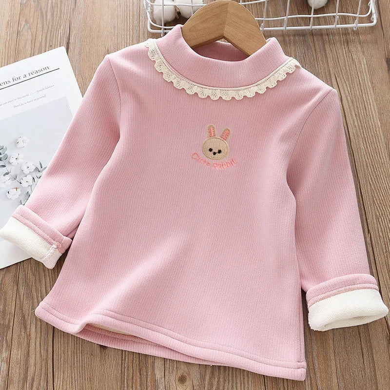 New Autumn Kids Fleece Padded Shirts Cute Embroidery Rabbit Girls Thicken Blouse Versatile Warm Children Lace Tops 1-9T Girls