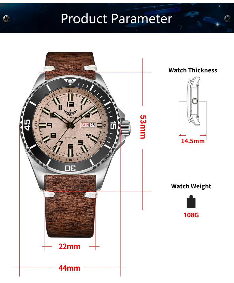 Yelang V1031 Men's Luxury Watch 44mm Diver Automatic Mechanical Movement Sapphire Luminous 300M Waterproof 30BR Japan 8205 Self-Wind