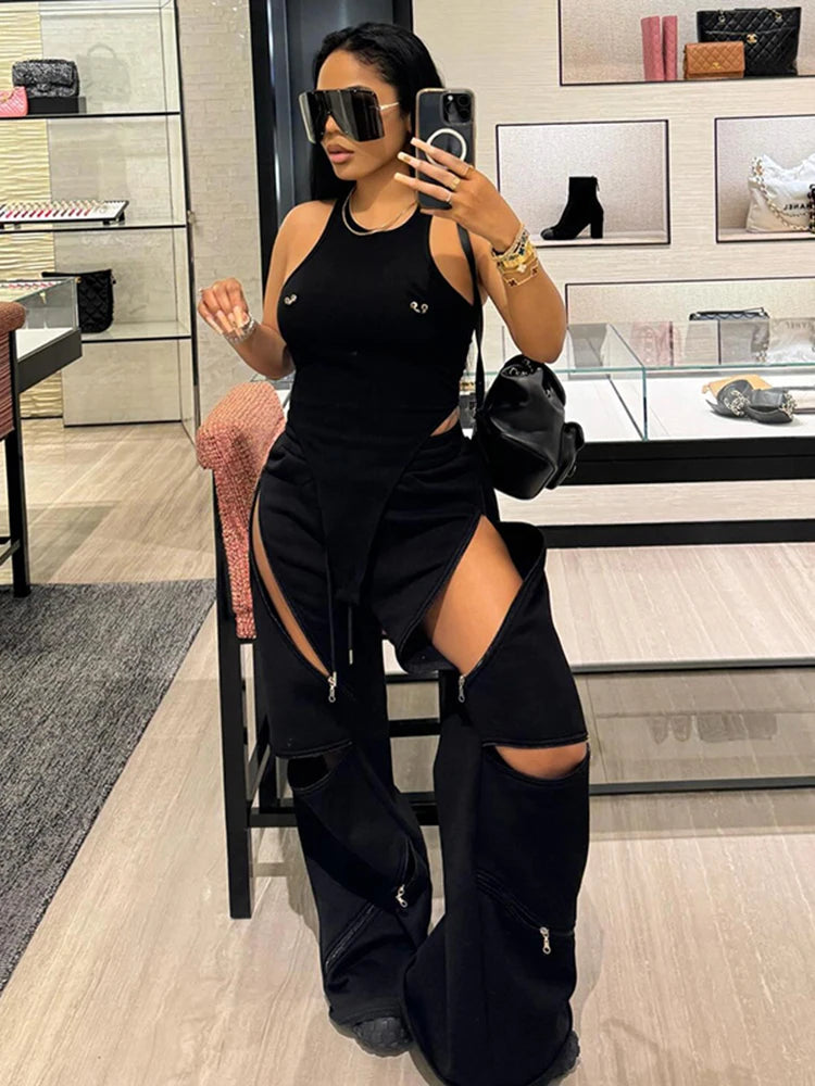 Zip Hollow Pants Street Fashion Trend Casual Sportief Effen Chic Devise Onregelmatig Basic Hipster Wijde Broeken Voor Vrouwen