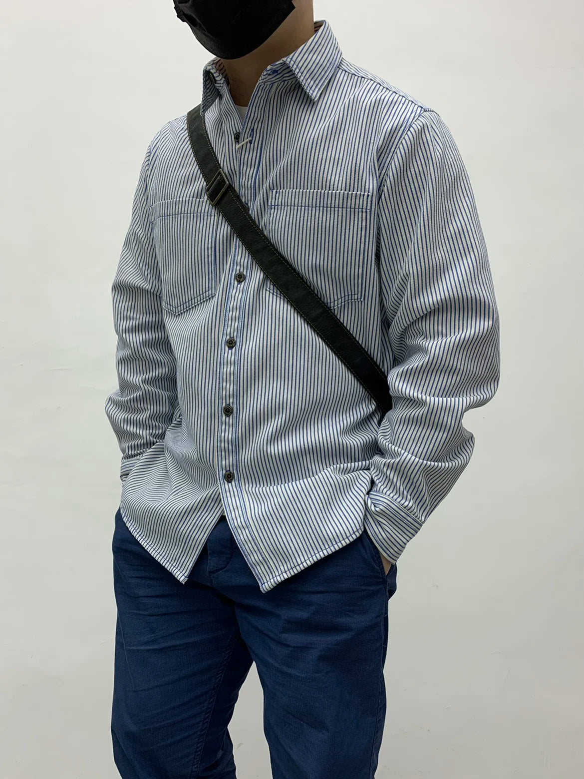 2025 Lente Nieuwe Japanse Retro Lange Mouw Revers Gestreepte Cargo Shirt Heren Amekaji 100% Katoen Gewassen Losse Dubbele Zakken Tops