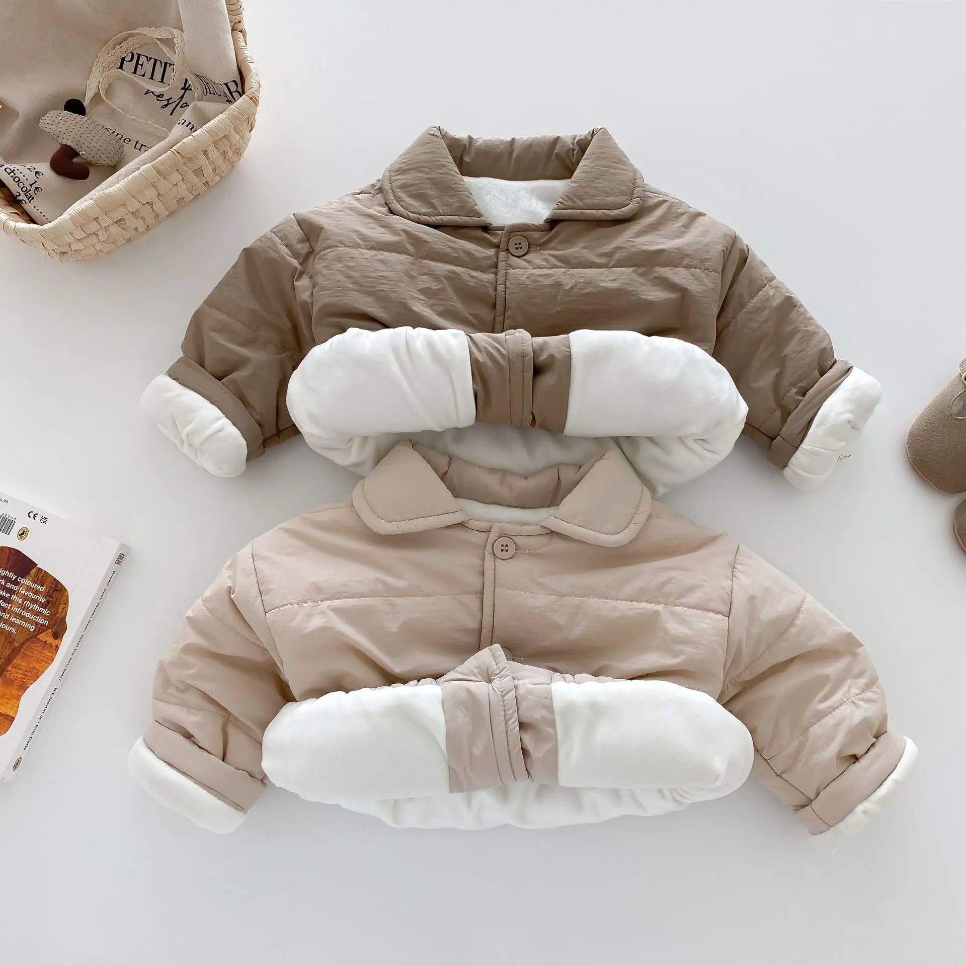 Baby Children's Winter Clothing Solid Colour Cotton Jacket Girls Simple Pocket Outwear Boys Fur Lining Warm Coat 0-5Y Unisex