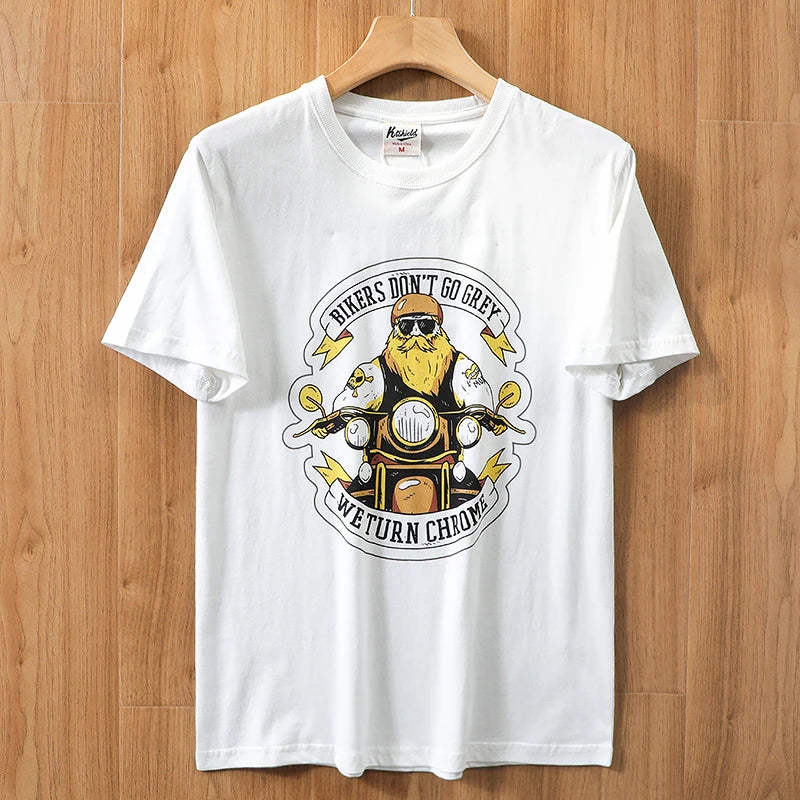 2025 Summer New American Retro 250g Short Sleeve O-neck Printed T-shirt Men's Fashion 100% Cotton Washed Casual Loose Tops